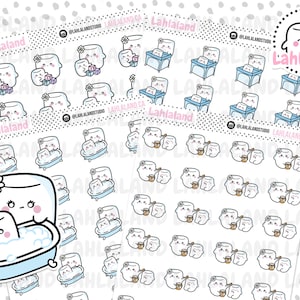 May include: A sheet of stickers featuring cute marshmallow characters in various activities, including taking a bath, drinking coffee, and playing with toys. The stickers are white with black outlines and pink accents. The text "LahlaLand" appears on the sheet.