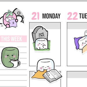 May include: A planner page with cute, cartoon-style stickers. The stickers include a strawberry character with a pillow, a green character with a coffee cup, and a marshmallow character with a book. The text "THIS WEEK" and the days of the week are also visible.