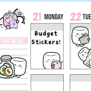 May include: A weekly planner with a pink and white marshmallow theme. The planner has a section for Monday and Tuesday. The Monday section has the text "Budget Stickers!" and the Tuesday section has a marshmallow holding a wallet and a receipt.