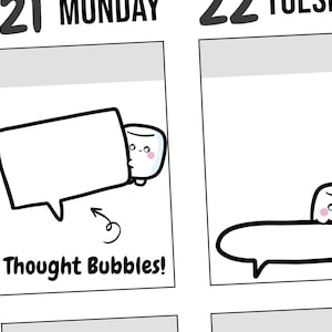 May include: A black and white illustration of a thought bubble with a cute marshmallow character peeking out. The text "Thought Bubbles!" is below the bubble.