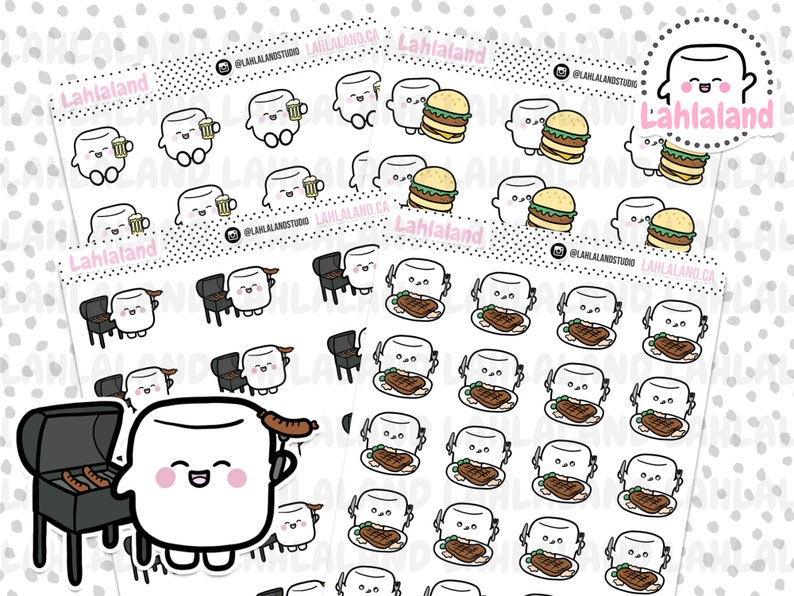 Op de afbeelding: Een set van 36 stickers met een marshmallow-personage in verschillende activiteiten, waaronder grillen, hamburgers eten en bier drinken. De stickers zijn zwart-wit met roze accenten.