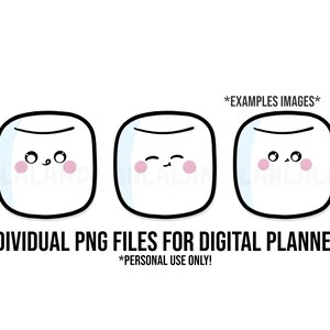 Op de afbeelding: Drie witte marshmallow-illustraties met zwarte contouren en roze wangen. Elke marshmallow heeft een andere gezichtsuitdrukking. De tekst *EXAMPLES IMAGES* en *PERSONAL USE ONLY!* staat onder de marshmallows.