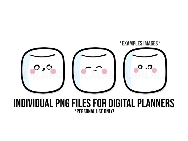 Op de afbeelding: Drie witte marshmallow-illustraties met zwarte contouren en roze wangen. Elke marshmallow heeft een andere gezichtsuitdrukking. De tekst *EXAMPLES IMAGES* en *PERSONAL USE ONLY!* staat onder de marshmallows.