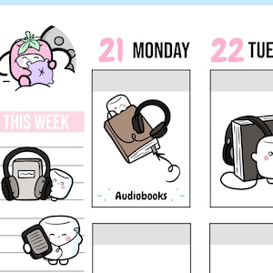 Op de afbeelding: Een plannerpagina met een wekelijkse lay-out. De pagina heeft een roze en wit aardbeienpersonage dat slaapt met een kussen, een wit marshmallowpersonage dat naar een audioboek luistert en een wit marshmallowpersonage dat een e-book leest. De tekst op de pagina zegt "Deze week", "21 Maandag", "22 Dinsdag" en "Audioboeken".