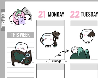 May include: A weekly planner with a cute marshmallow character illustration. The planner has a section for Monday and Tuesday. The marshmallow character is wearing a backpack and holding a sign that says "Camp Hill". The text "Hiking!" is written below the Monday section.