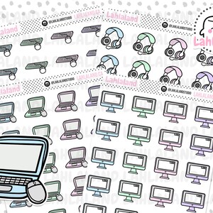 May include: A set of 24 colorful stickers featuring laptop and desktop computer designs. The stickers are perfect for adding a touch of fun and organization to your planner, laptop, or water bottle.