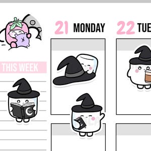 May include: A planner page with cartoon stickers. The stickers include a marshmallow wearing a witch hat, holding a book, and a coffee cup. The page also has the text "This Week", "Monday", and "Tuesday".