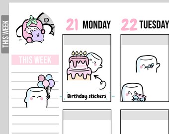 May include: A weekly planner with a pink and white theme. The planner has a section for "This Week" and includes a cute illustration of a marshmallow character with a birthday cake and candles. The text "Birthday stickers" is written below the illustration.