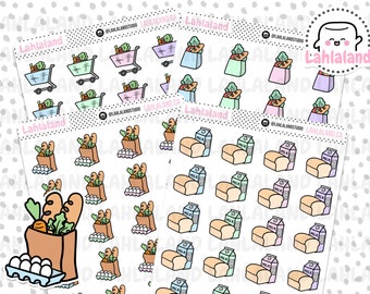 May include: Sheets of stickers featuring hand-drawn grocery items. Includes shopping carts with produce, paper bags with bread and vegetables, cartons of eggs, milk cartons, and loaves of bread. The brand name "Lahlaland" is visible.