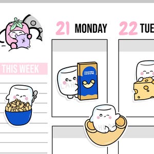 May include: A set of planner stickers featuring cute marshmallow characters. The stickers include a marshmallow sleeping in a strawberry-shaped bed, a marshmallow eating macaroni and cheese, a marshmallow eating a slice of cheese, and a marshmallow sitting in a bowl of macaroni and cheese.