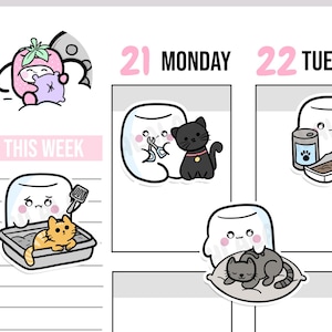 以下が含まれることがあります： かわいい幽霊のイラストが描かれた、印刷可能なプランナー用ステッカー10枚セット。睡眠、食事、猫と遊ぶ、トイレを使うなど、さまざまなアクティビティが描かれています。ステッカーは週間プランナー用にデザインされており、「今週」というテキストと、月曜日と火曜日の曜日が含まれています。