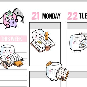 Puede incluir: Una página de planificador con lindos personajes de malvavisco de dibujos animados. La página incluye el texto "THIS WEEK" y los días de la semana, lunes y martes. Los personajes de malvavisco sostienen libros, cuadernos y una almohada.