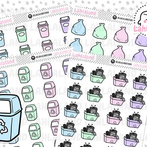 May include: A set of 18 colorful stickers featuring various recycling themed illustrations. The stickers include trash cans, bags, and televisions. The stickers are perfect for adding a touch of whimsy to planners, journals, and laptops.