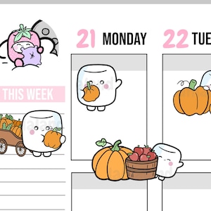May include: A planner page with a fall theme. The page features cartoon illustrations of pumpkins, apples, and marshmallow characters. The text "THIS WEEK" and the days of the week are also visible.