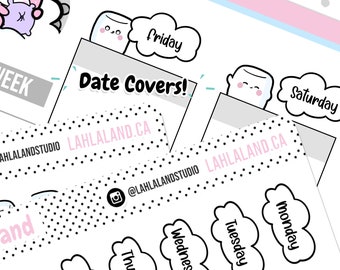 Datumhoezen Digitale stickers, functionele stickers, Afdrukbare stickers, Vooraf bijgesneden, Goodnotes-stickers, personagestickers, png-stickers
