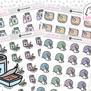 May include: A set of colorful stickers featuring cat-themed illustrations. The stickers include images of cat food cans, yarn balls, litter boxes, and medicine bottles. The stickers are perfect for adding a touch of whimsy to planners, laptops, water bottles, and other surfaces.
