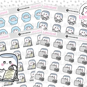 May include: A set of 24 planner stickers featuring a cartoon tooth character in various activities, including reading, studying, and playing video games. The stickers are in a light blue and gray color scheme and feature the text "Lahlaland".