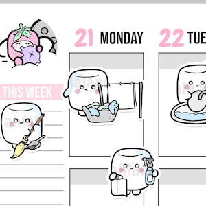 May include: A set of planner stickers featuring a marshmallow character in various activities, including sleeping, doing laundry, cleaning, and washing dishes. The stickers are designed in a cute and whimsical style with pastel colors.