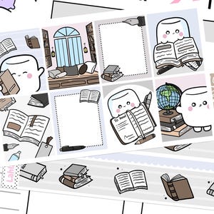May include: A set of 10 planner stickers featuring cute marshmallow characters reading books, a bookshelf, and a globe. The stickers are on a white background with a light blue border. The stickers are perfect for adding a touch of whimsy to your planner.