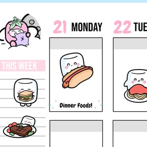 May include: A planner page with a weekly layout. The page has a pink and white theme with a cartoon marshmallow character eating different foods. The text "This Week" is written in pink at the top of the page. The text "Dinner Foods!" is written in blue at the bottom of the page.