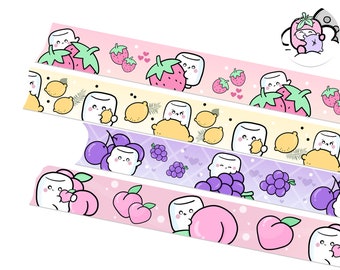 May include: Four rolls of colorful washi tape featuring a cute marshmallow character holding different fruits. The tapes feature strawberries, lemons, grapes, and peaches.