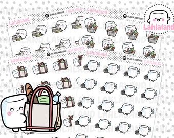 May include: A set of 24 stickers featuring a marshmallow character carrying a shopping bag filled with groceries. The stickers are white with black outlines and feature various grocery items like bread, milk, and vegetables. The stickers are perfect for adding a touch of whimsy to planners, journals, and laptops.