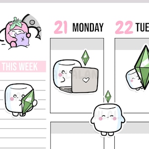 以下が含まれることがあります： かわいいマシュマロのキャラクターが、さまざまな表情と活動をしているデジタルプランナー用のステッカーセットです。ステッカーには、ピンクのイチゴの衣装を着て寝ているマシュマロ、ラップトップで作業しているマシュマロ、緑の宝石を持っているマシュマロ、頭に緑の宝石をつけたマシュマロが含まれています。ステッカーは、デジタルプランナーやジャーナルで使用するために設計されています。