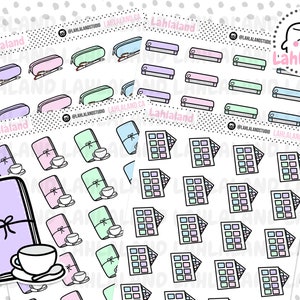May include: A set of 10 printable planner stickers featuring various designs in pastel colors. The stickers include a notebook, a cup of coffee, a makeup palette, and a pencil case.