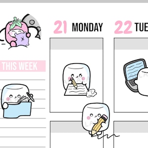 May include: A weekly planner with a cute marshmallow character illustration. The planner has a pink header with the text "This Week" and the days of the week are labeled "Monday" and "Tuesday".