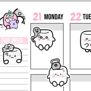 May include: A set of 10 printable planner stickers featuring cute marshmallow characters with different expressions. The stickers include a marshmallow with a worm on its head, a marshmallow with a messy bun, a marshmallow with a dumbbell, and a marshmallow with a heart. The stickers are perfect for adding a touch of whimsy to your planner.