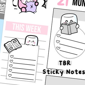 May include: A printable planner page featuring a cute marshmallow character reading a book. The page has a section for "This Week" with a to-do list and a section for "TBR" with a to-do list.