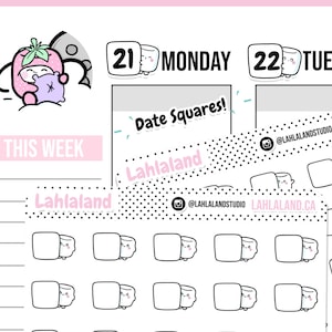 Puede incluir: Una hoja de pegatinas para planificador imprimible con una ilustración en blanco y negro de un malvavisco con cara. La hoja de pegatinas tiene el texto "Lahlaland" y "Date Squares!"