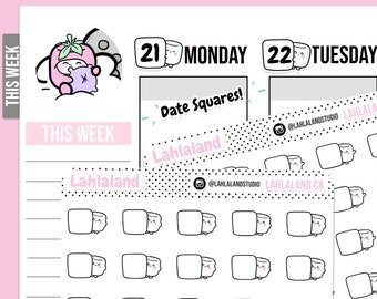 Date Squares Digital Stickers, Functional Stickers, Printable Stickers, Pre-cropped, Goodnotes Stickers, Character Stickers, PNG Stickers