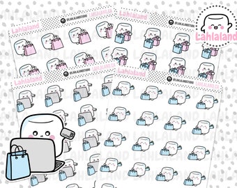 Puede incluir: Una hoja de pegatinas con un personaje de malvavisco de dibujos animados que sostiene bolsas de la compra. El personaje de malvavisco es blanco con ojos negros y un rubor rosado. Las bolsas de la compra son azules y rosas. Las pegatinas están etiquetadas con "Lahlaland".