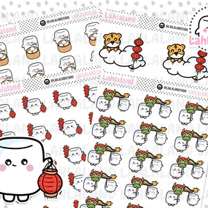 May include: A set of 24 colorful stickers featuring a marshmallow character celebrating Chinese New Year. The stickers include a marshmallow holding a red lantern, a marshmallow with a dragon, a marshmallow with a tiger, and a marshmallow eating dumplings. The stickers are perfect for adding a touch of fun to your planner, journal, or laptop.