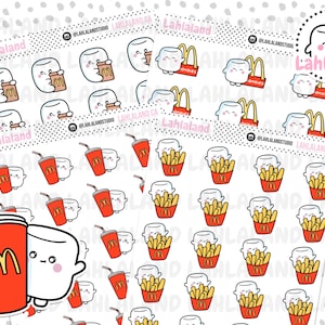 Peut inclure: Un ensemble de 24 autocollants représentant un fantôme de dessin animé tenant divers articles sur le thème de McDonald's, notamment une boisson, des frites et une boîte Happy Meal. Les autocollants sont blancs avec des contours noirs et présentent le logo McDonald's.