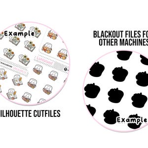 Op de afbeelding: Twee afbeeldingen die digitale snijbestanden voor een Silhouette-snijmachine laten zien. De eerste afbeelding toont een verscheidenheid aan schattige illustraties van boeken en marshmallows. De tweede afbeelding toont een patroon van zwarte silhouetten van marshmallows. Beide afbeeldingen bevatten de tekst "Example".
