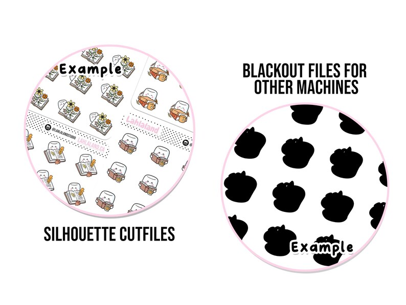 Op de afbeelding: Twee afbeeldingen die digitale snijbestanden voor een Silhouette-snijmachine laten zien. De eerste afbeelding toont een verscheidenheid aan schattige illustraties van boeken en marshmallows. De tweede afbeelding toont een patroon van zwarte silhouetten van marshmallows. Beide afbeeldingen bevatten de tekst "Example".