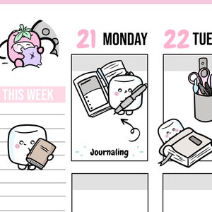 May include: A weekly planner featuring a charming marshmallow character holding a book. The planner has a pink and white colour scheme and includes the days of the week, Monday and Tuesday. The text "This Week" is written on the planner.