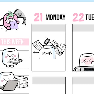 以下が含まれることがあります： かわいいマシュマロキャラクターのイラストが描かれた週間プランナー。プランナーはピンクと白のカラーリングで、月曜日と火曜日の曜日が含まれています。イラストは、マシュマロキャラクターが寝ている、コンピューターで作業している、書類に圧倒されているなど、さまざまな状況を描いています。