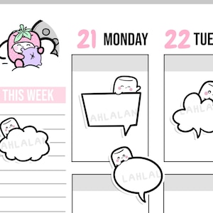 May include: A planner page with a pink and white color scheme. The page includes the text "THIS WEEK" and the days of the week. There are several cartoon graphics of a marshmallow character and speech bubbles.