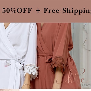 Bridesmaid Robes Rayon Cotton With Lace Trim | Bridal Party Robes | Personalized Bridesmaid Gifts | Bridal Shower Gift