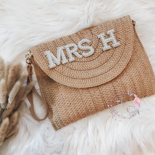 Personalized Bride Pearl Straw Clutch Shoulder Bag Bridal Etsy