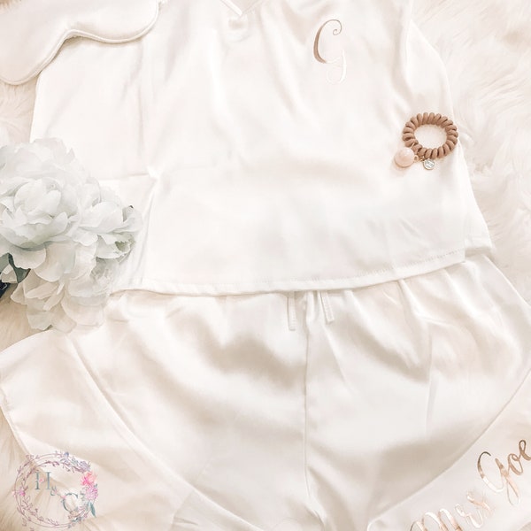 White Cami and Ruffle Shorts | Wedding Day Satin Pajamas Sets| Bridesmaid Gift|Bride Getting Ready Outfit, Bridesmaid Proposal PJs| Bella