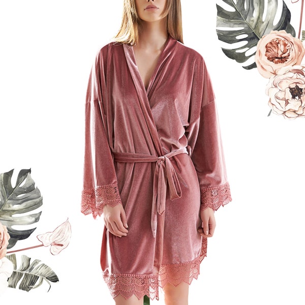 Mauve Velvet Bridesmaid Robe, Luxurious Velvet Stretch With Lace Robes,  Bridesmaid Gift, Customized Kimono Robes