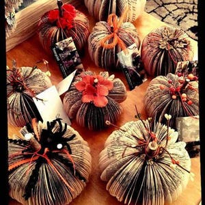 Pumpkins made from book pages, various embellishments such a pine cones,  berries or twine.  The pumpkins stem is made from a twig branch. Colors available are natural book color, orange,  pink, purple or teal.