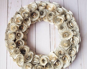 Repurposed book page flower wreath,fall, country,boho chic,cottage decor,librarian,teacher, reuse,recycled book gift,repurposed books
