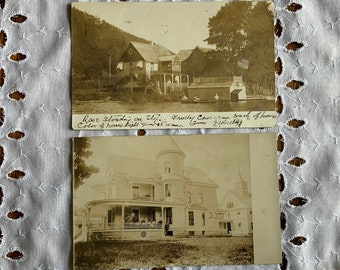 Antique RPPC July 4th Lake Boating and Victorian House New York USA Flag Americana, Vintage Postcard, Pitcher, NY, Ben Franklin 1 cent