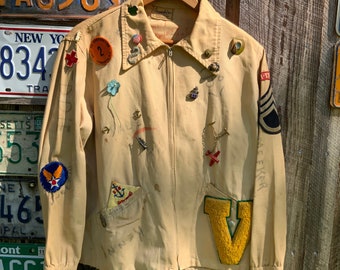 WW2 1940’s Jacket with Word War 2 Sweetheart Pins, Vintage Charms and Patches, Air force, USMC Marine Corps, USN, Gulf Oil, Homefront pins