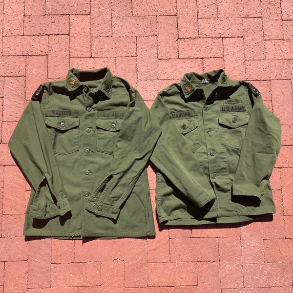 Vintage US Army Vietnam OG 107 Sateen Cotton Utility Shirt Size S and M with Patches, Your Choice